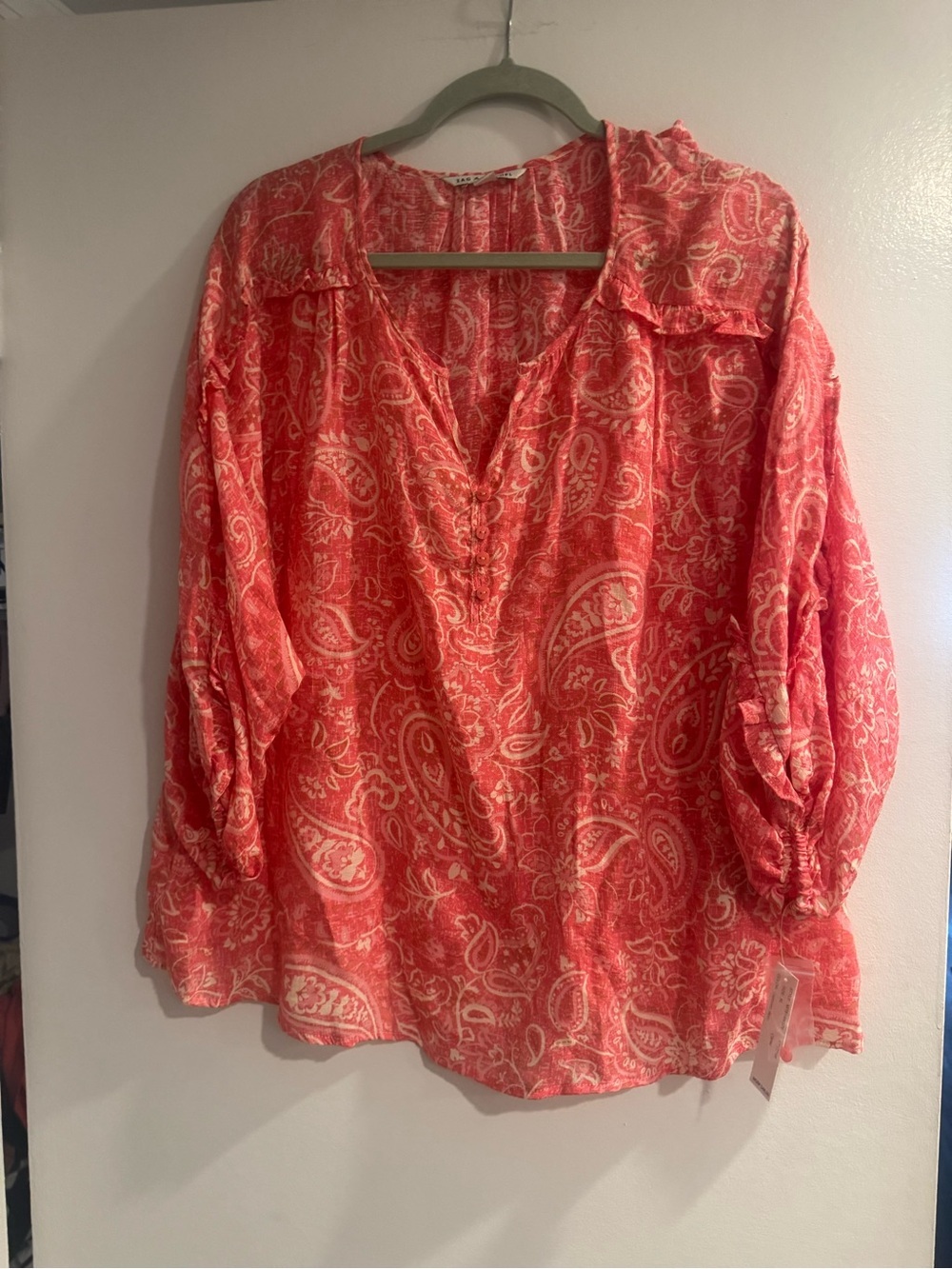 Zac & Rachel Coral Paisley Peasant Blouse XL Boho Lightweight Top